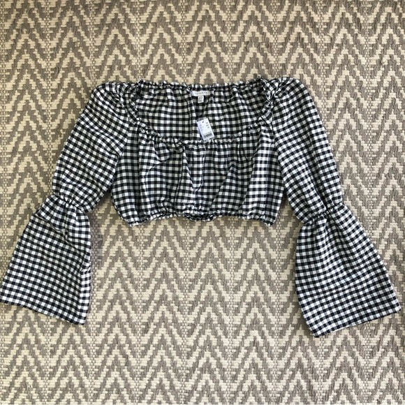 Topshop black and white gingham flute sleeve cropped top size - Picture 1 of 13